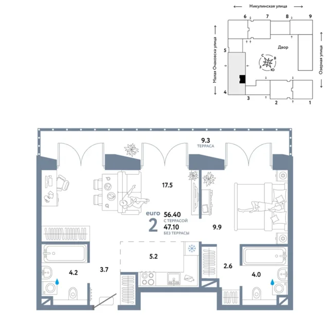 2 комн. Квартира 56.4 кв. м