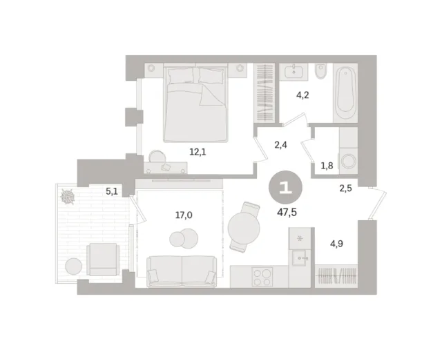 1 комн. Квартира 47.5 кв. м