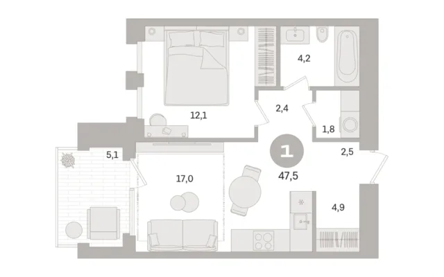 1 комн. Квартира 47.5 кв. м, Московская область Москва