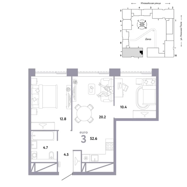 3 комн. Квартира 52.6 кв. м