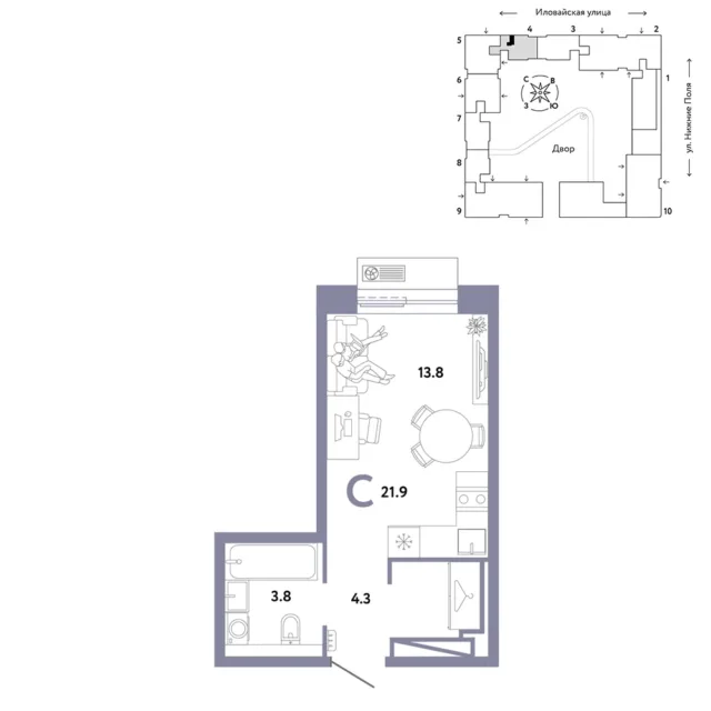 1 комн. Квартира 21.9 кв. м