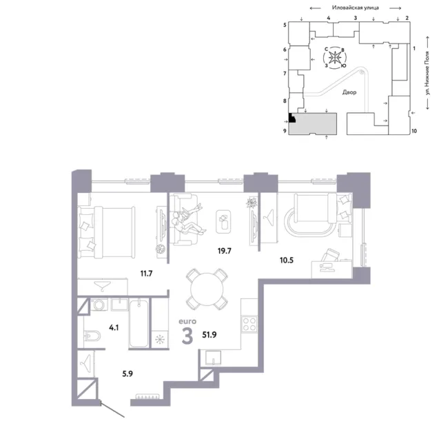 3 комн. Квартира 51.9 кв. м