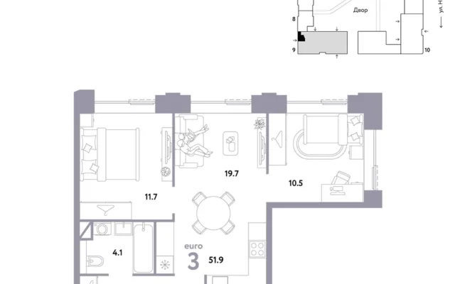 3 комн. Квартира 51.9 кв. м, Москва