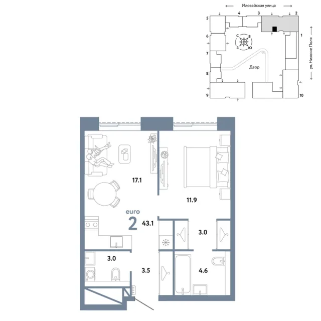 2 комн. Квартира 43.1 кв. м