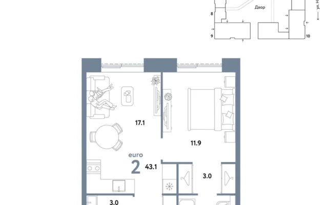 2 комн. Квартира 43.1 кв. м, Москва