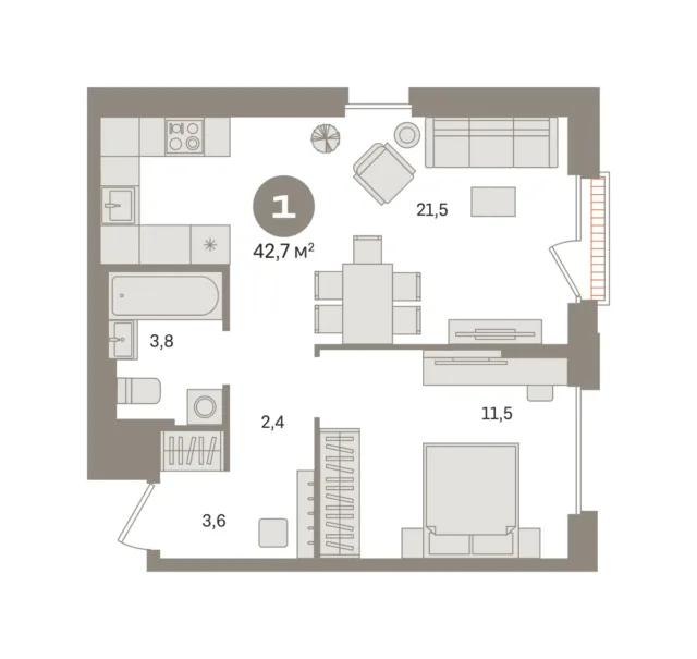 1 комн. Квартира 42.7 кв. м