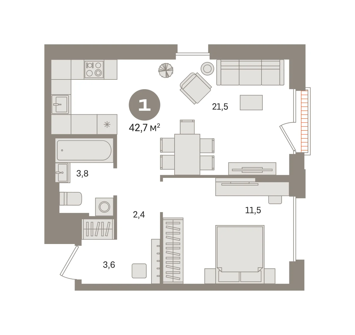 1 комн. Квартира 42.7 кв. м