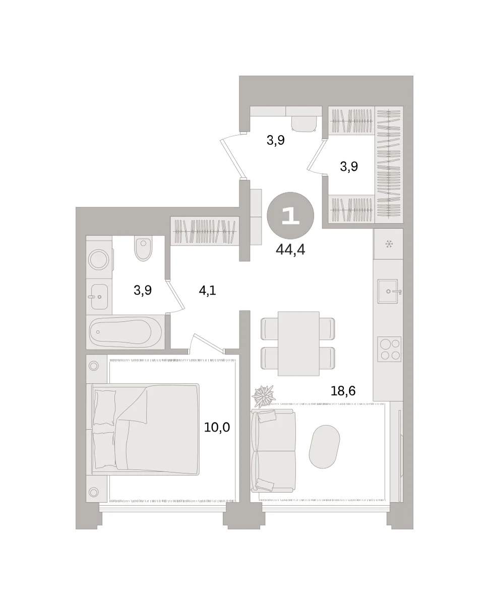 1 комн. Квартира 44.4 кв. м