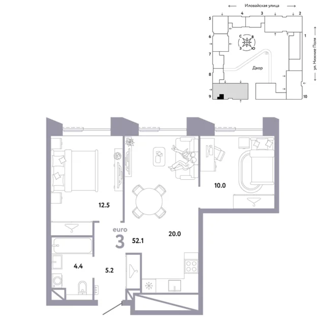 3 комн. Квартира 52.1 кв. м