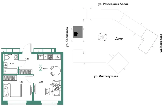 2 комн. Квартира 35 кв. м