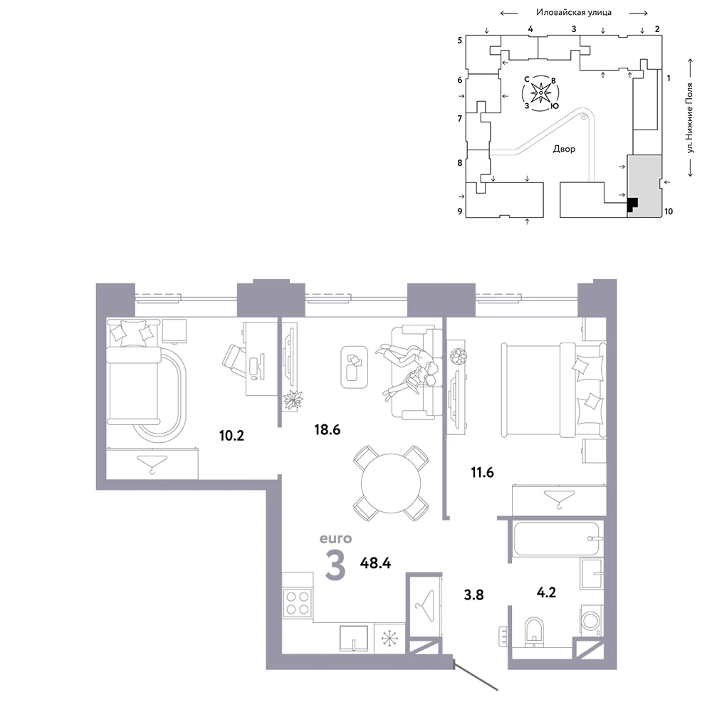 3 комн. Квартира 48.4 кв. м