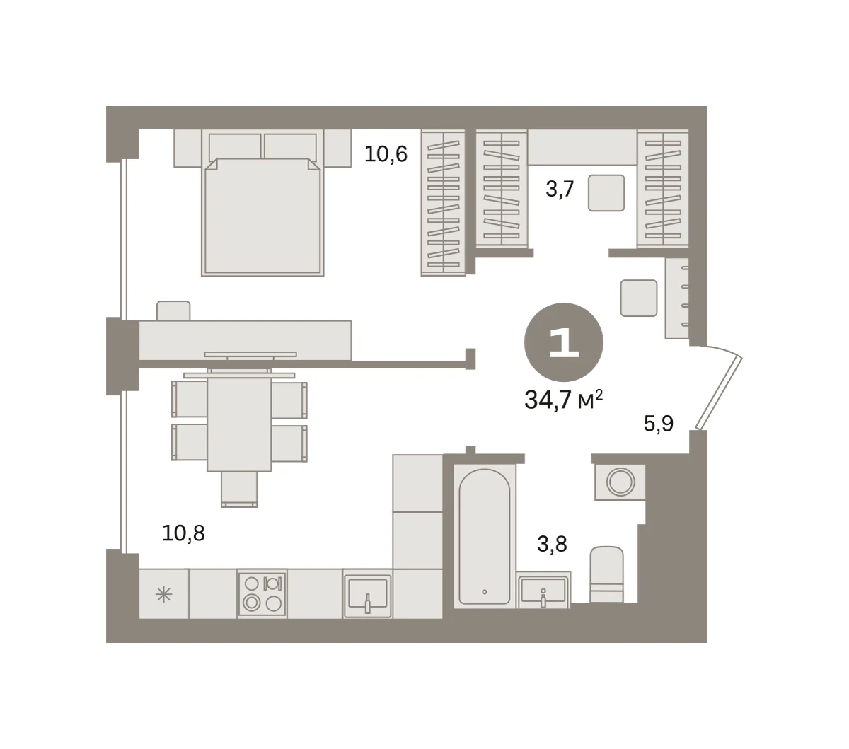 1 комн. Квартира 34.7 кв. м