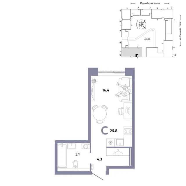 1 комн. Квартира 25.8 кв. м