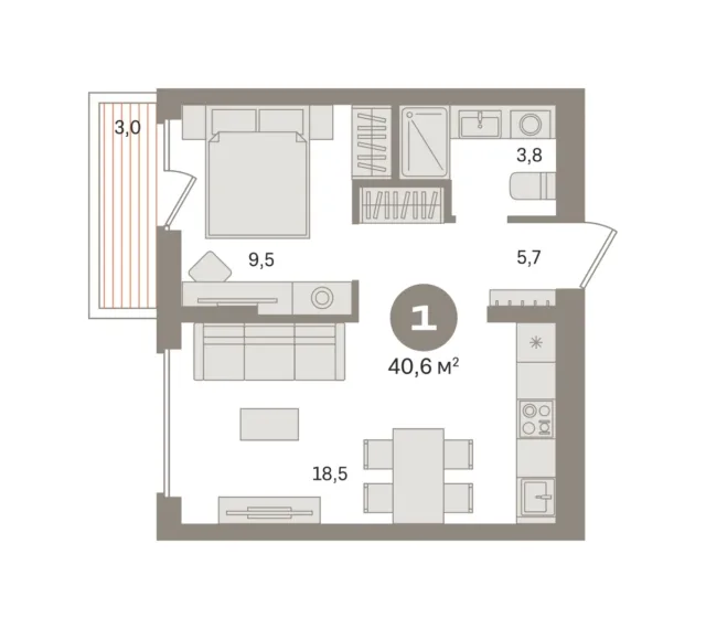 1 комн. Квартира 40.6 кв. м
