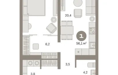 1 комн. Квартира 56.1 кв. м, Московская область