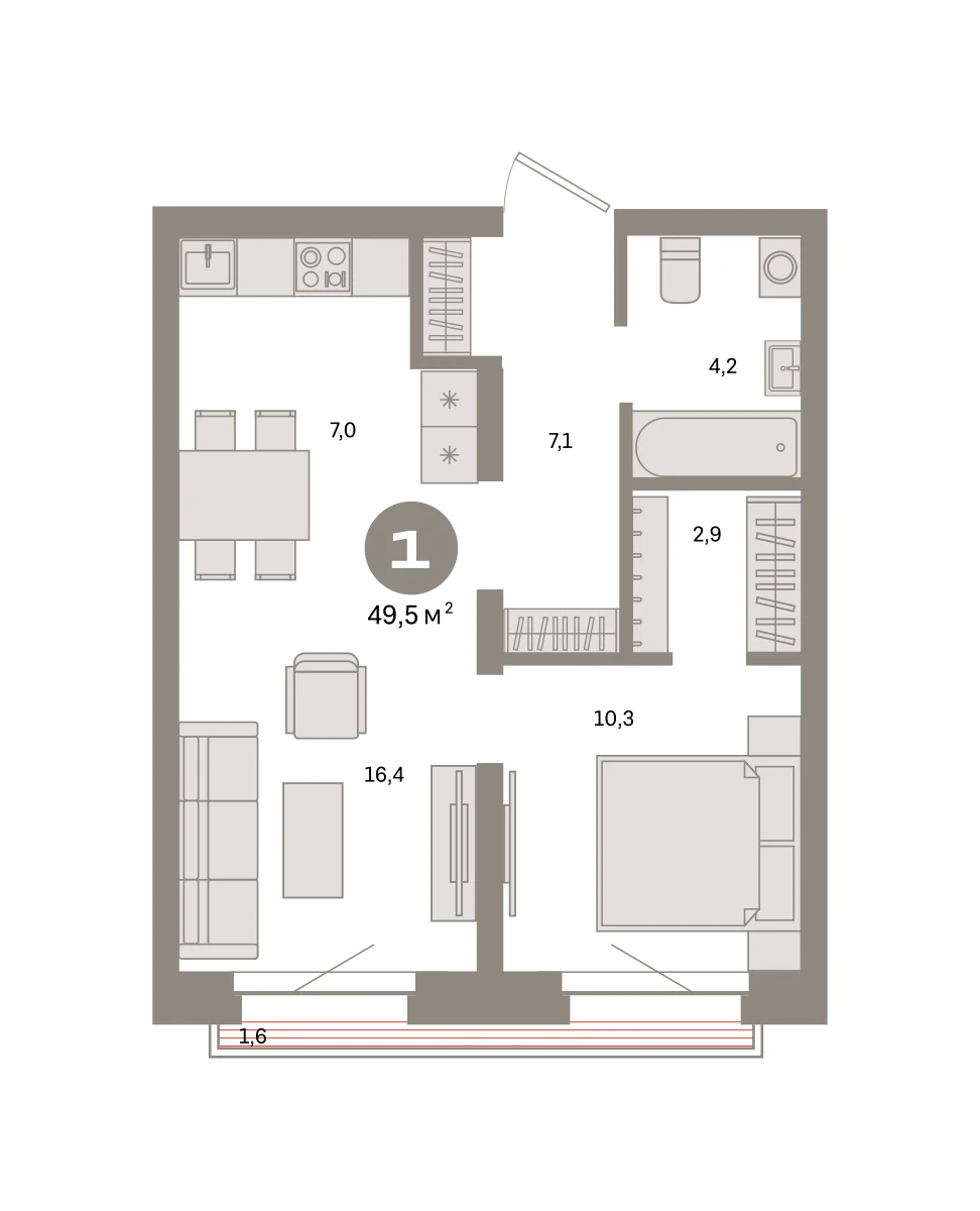 1 комн. Квартира 49.5 кв. м