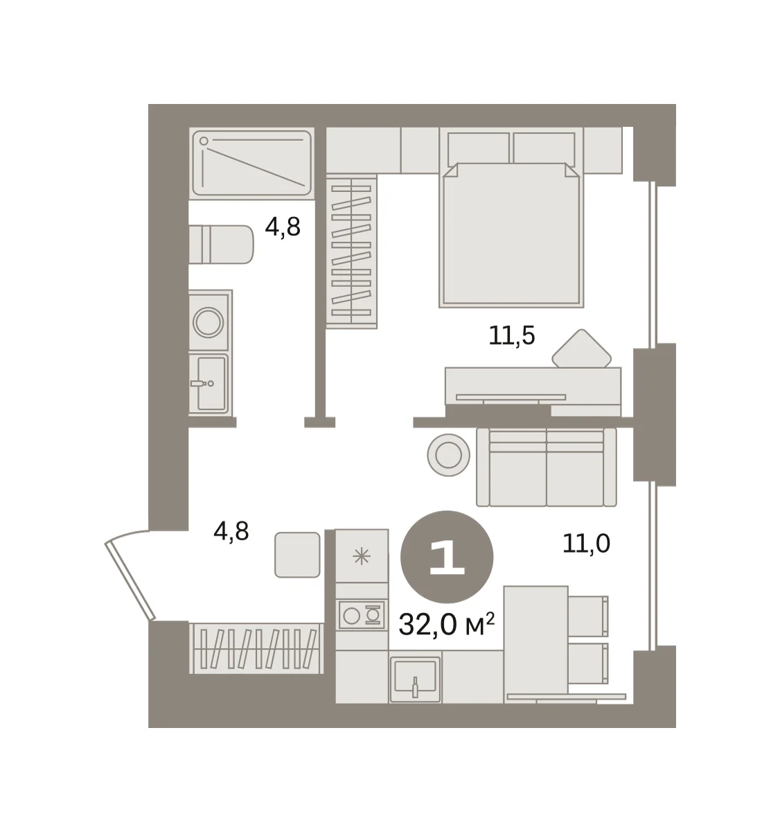 1 комн. Квартира 32 кв. м