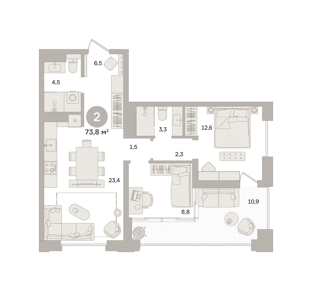 2 комн. Квартира 73.8 кв. м