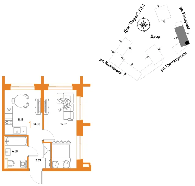 1 комн. Квартира 34.4 кв. м