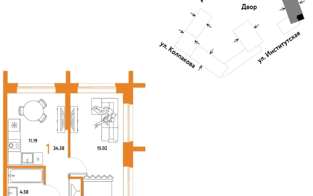1 комн. Квартира 34.4 кв. м, Москва