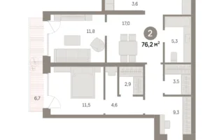 2 комн. Квартира 76.2 кв. м