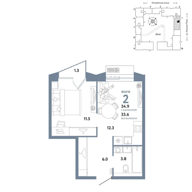 2 комн. Квартира 34.9 кв. м