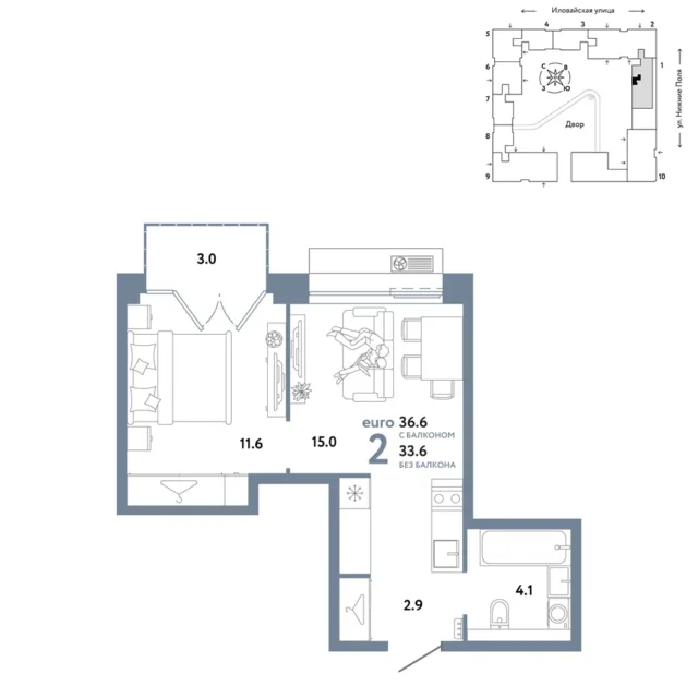 2 комн. Квартира 36.6 кв. м