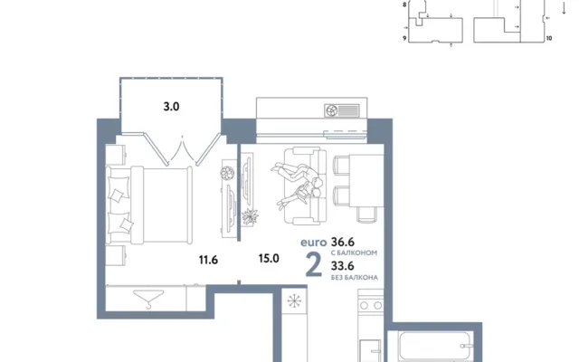 2 комн. Квартира 36.6 кв. м, Москва