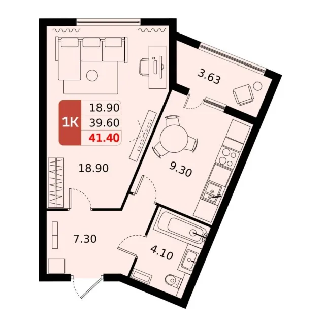 1 комн. Квартира 41.4 кв. м