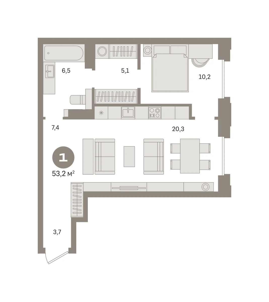 1 комн. Квартира 53.2 кв. м
