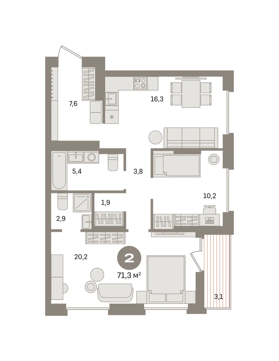 2 комн. Квартира 71.3 кв. м