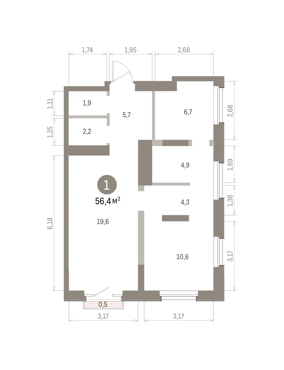 1 комн. Квартира 56.4 кв. м