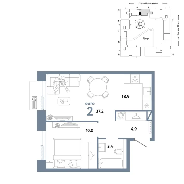 2 комн. Квартира 37.2 кв. м