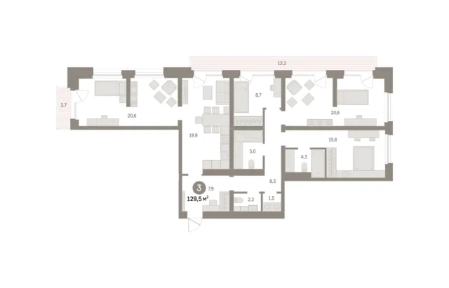 3 комн. Квартира 129.5 кв. м