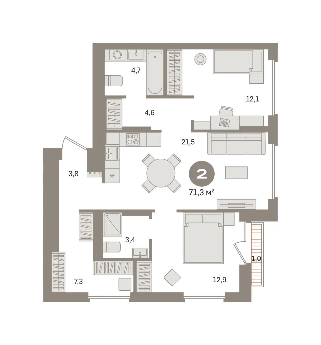 2 комн. Квартира 71.3 кв. м