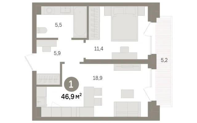 1 комн. Квартира 46.9 кв. м, Московская область Москва