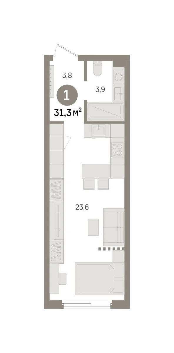 1 комн. Квартира 31.3 кв. м