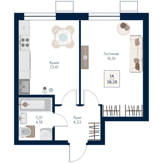 1 комн. Квартира 38.3 кв. м