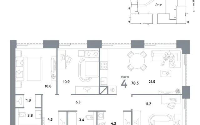 4 комн. Квартира 78.5 кв. м, Москва