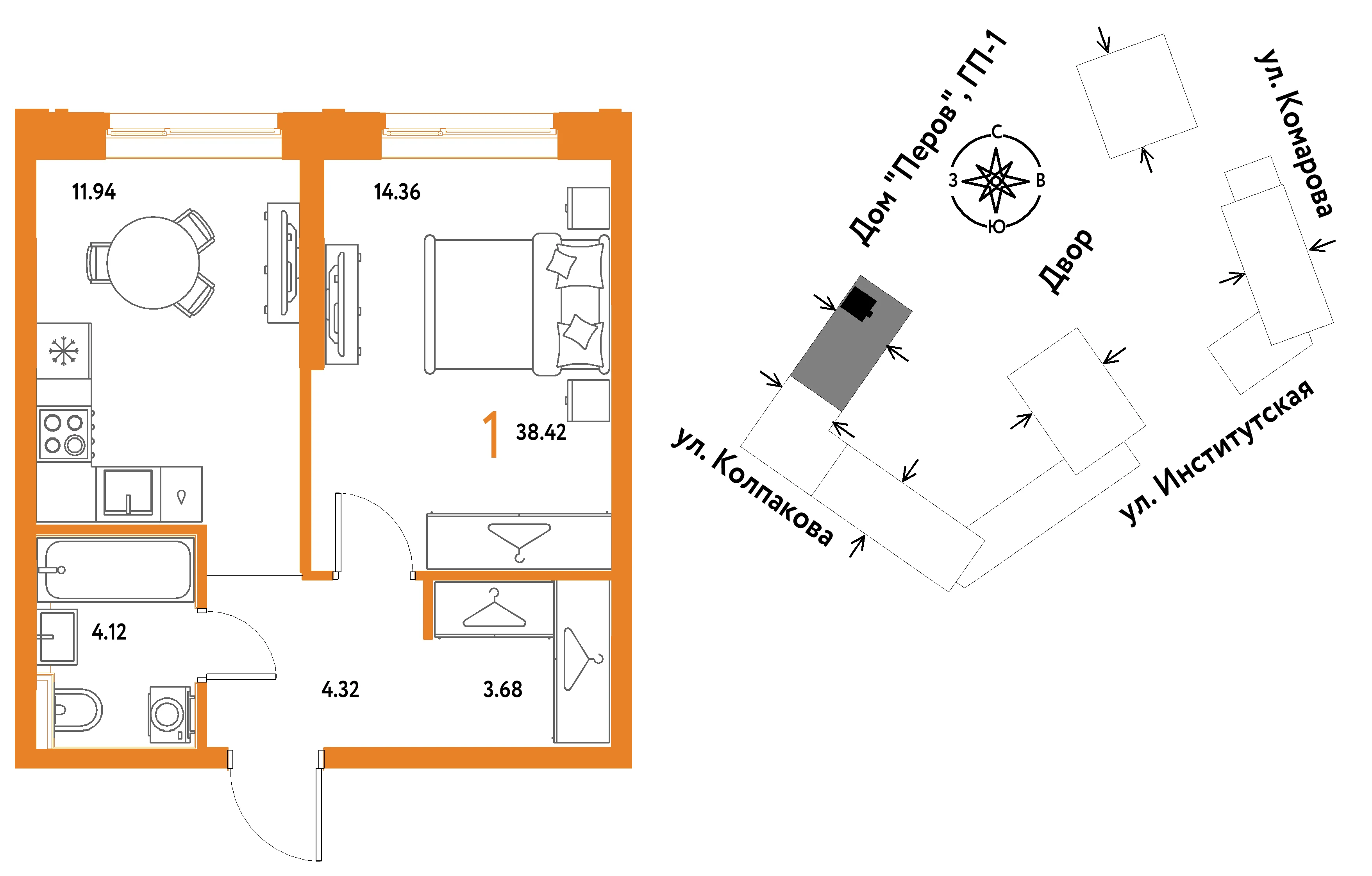 1 комн. Квартира 38.4 кв. м