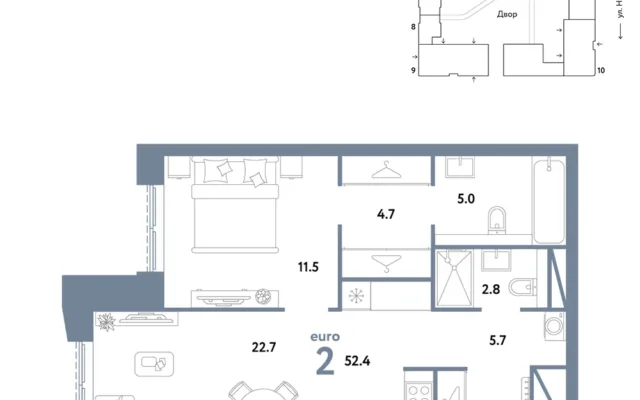 2 комн. Квартира 52.4 кв. м, Москва