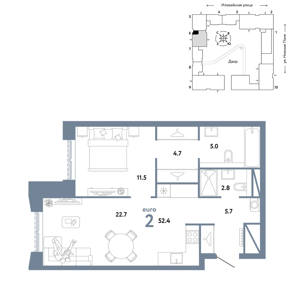 2 комн. Квартира 52.4 кв. м