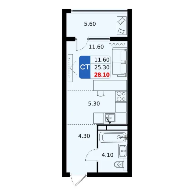 1 комн. Квартира 28.1 кв. м