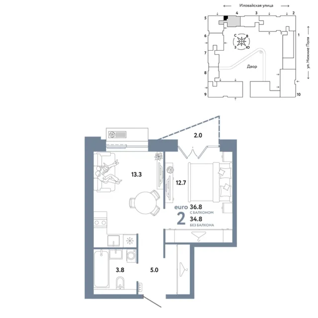 2 комн. Квартира 36.8 кв. м