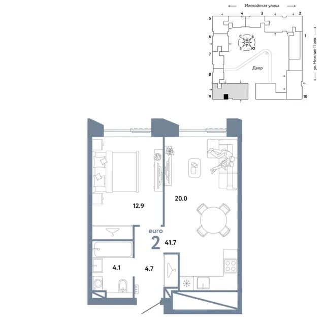 2 комн. Квартира 41.7 кв. м