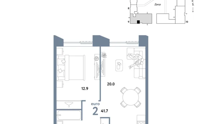 2 комн. Квартира 41.7 кв. м, Москва