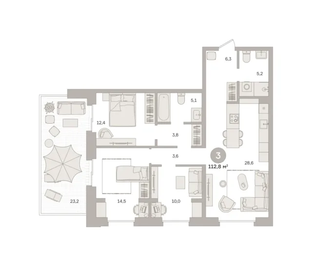 3 комн. Квартира 112.8 кв. м