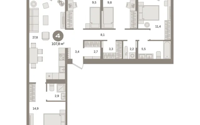 4 комн. Квартира 107.8 кв. м, Московская область Видное