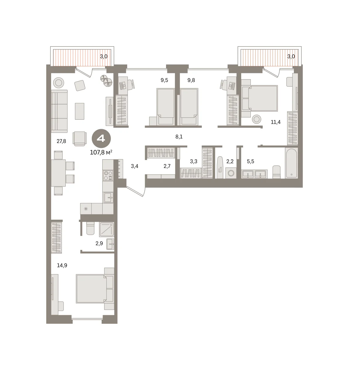4 комн. Квартира 107.8 кв. м