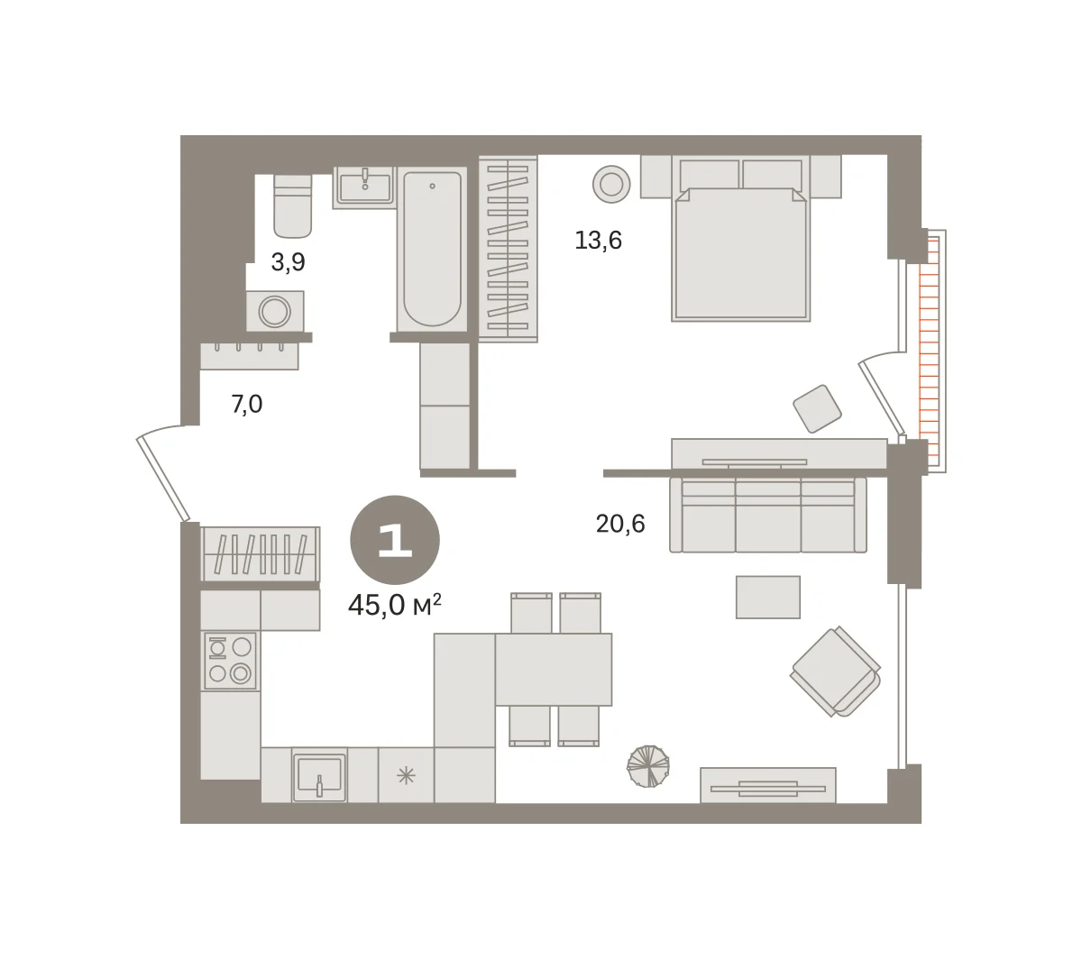 1 комн. Квартира 45 кв. м